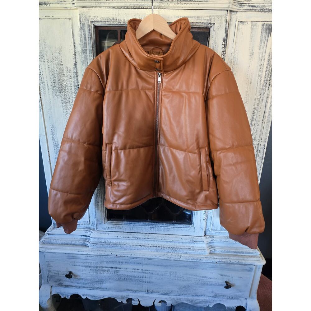 NWT Anthropologie Faux Leather Brown Puffer Jacket - Size XL - Picture 4 of 4